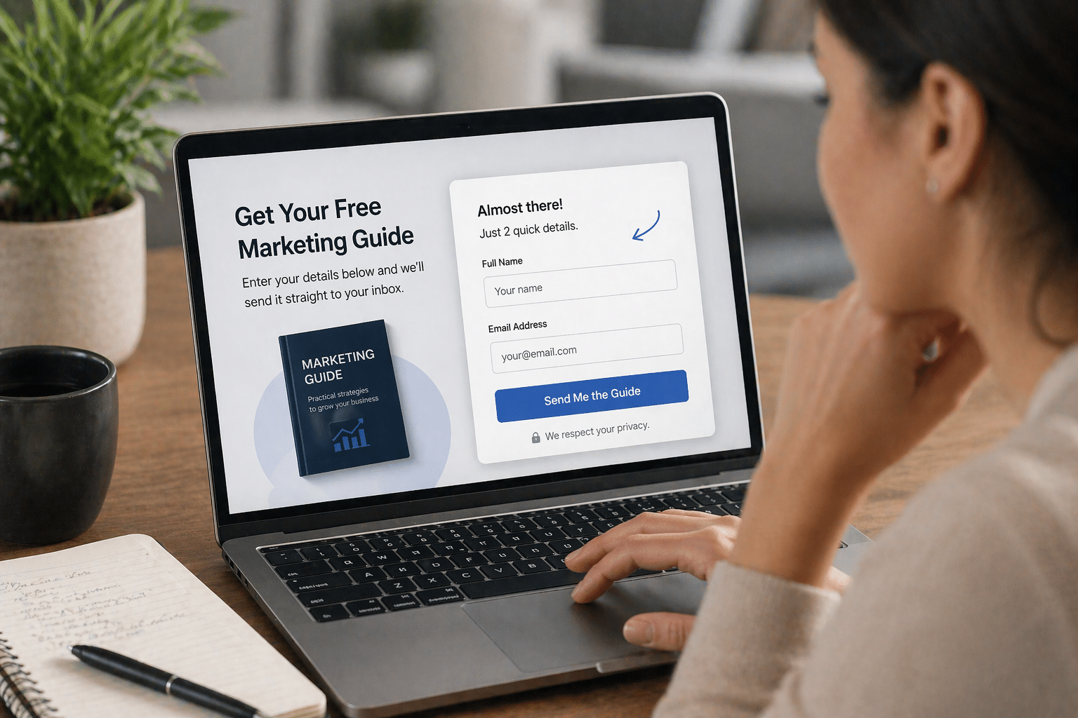 Person viewing a laptop screen showing a'Get Your Free Marketing Guide' signup form and a marketing guide cover on the left.