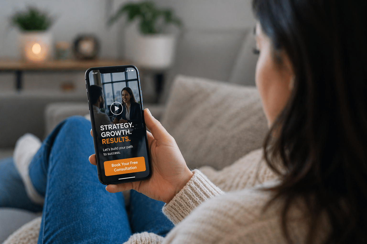 Person holding a phone showing a business app screen with text'STRATEGY. GROWTH. RESULTS.' and a 'Book Your Free Consultation' button.