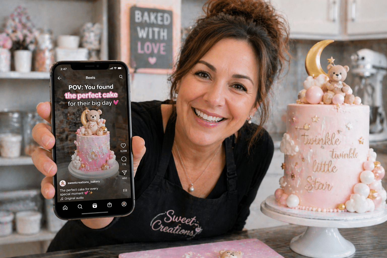 A woman creating content for IG reels to promote her product