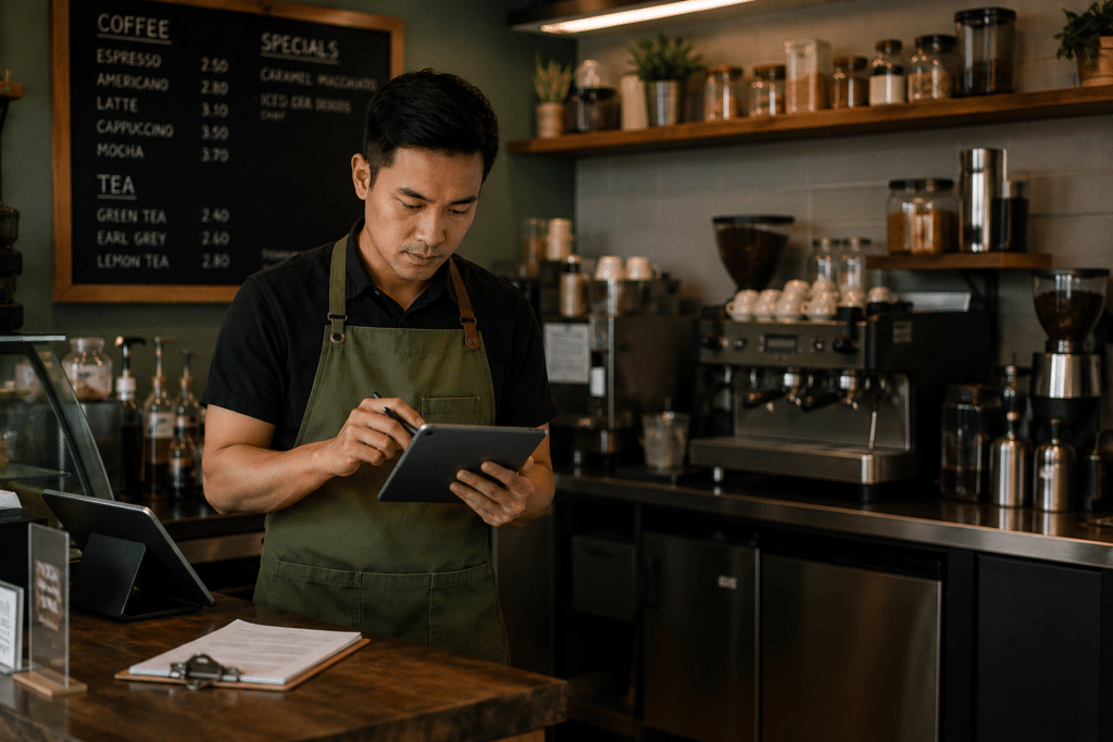 Barista in a green apron using a tablet at the counter of a coffee shop, chalkboard menu behind him
