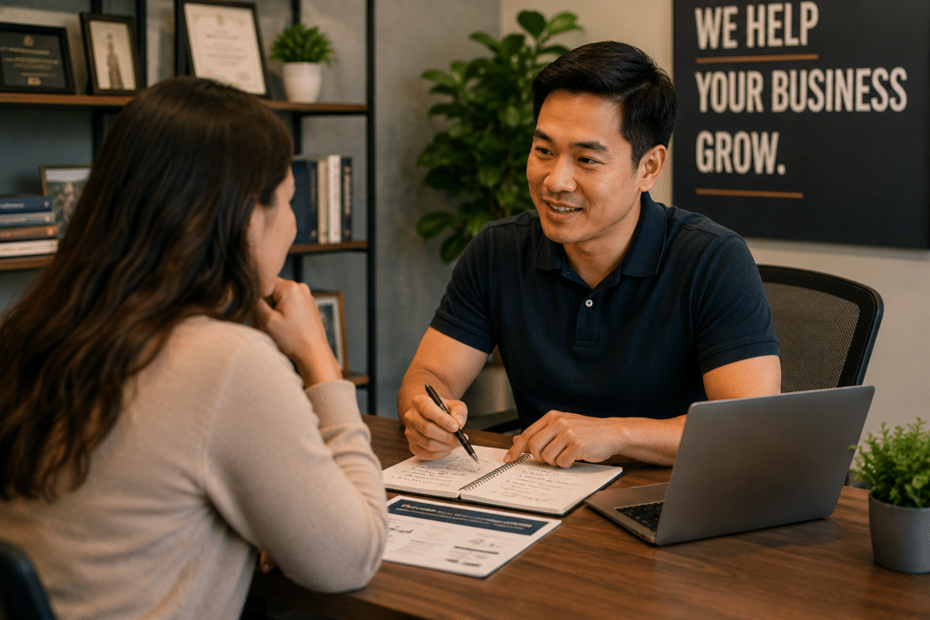 business owner asking questions to her customer