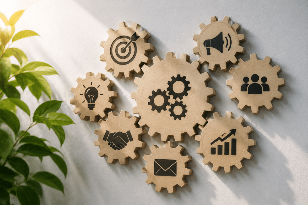 Wooden gears with icons symbolizing business processes: target, lightbulb, handshake, group of people, mail, megaphone, and a growth chart.