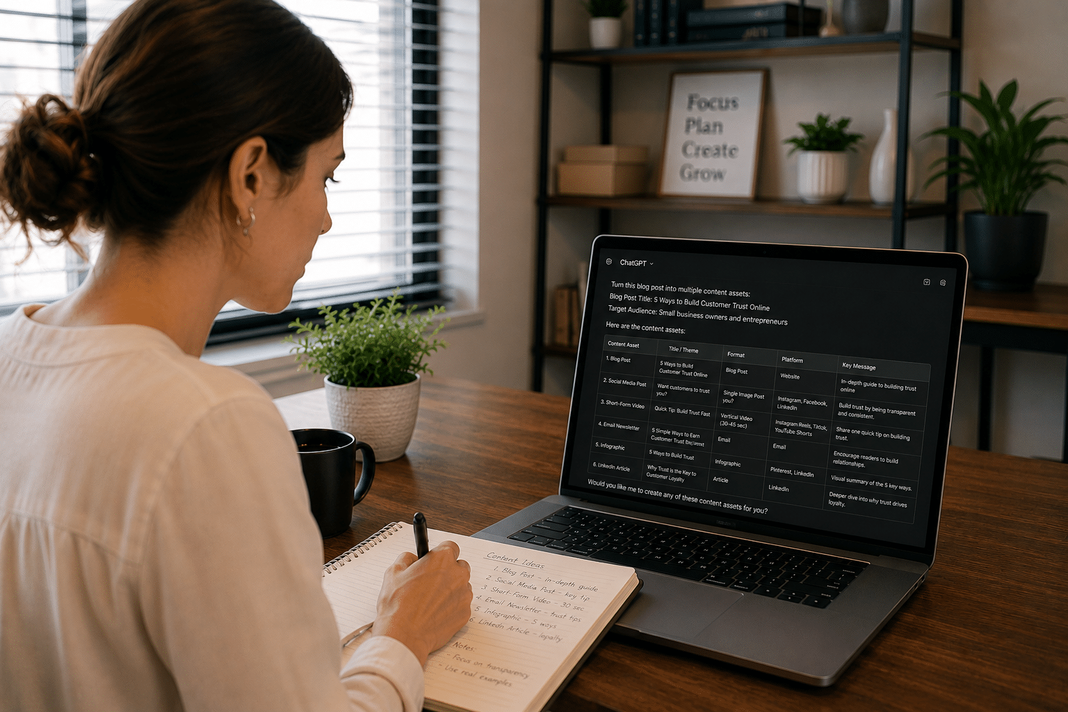 a lady using ChatGPT for marketing research