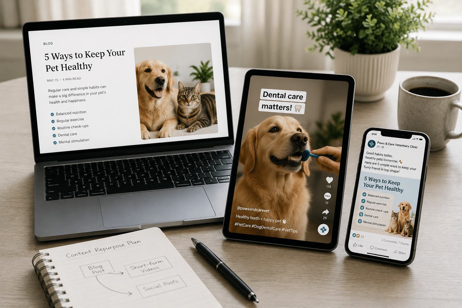 Laptop, tablet, and smartphone on a desk display pet health content, with a photo of a dog and a cat on the screen(s). Best for a blog post about keeping pets healthy.