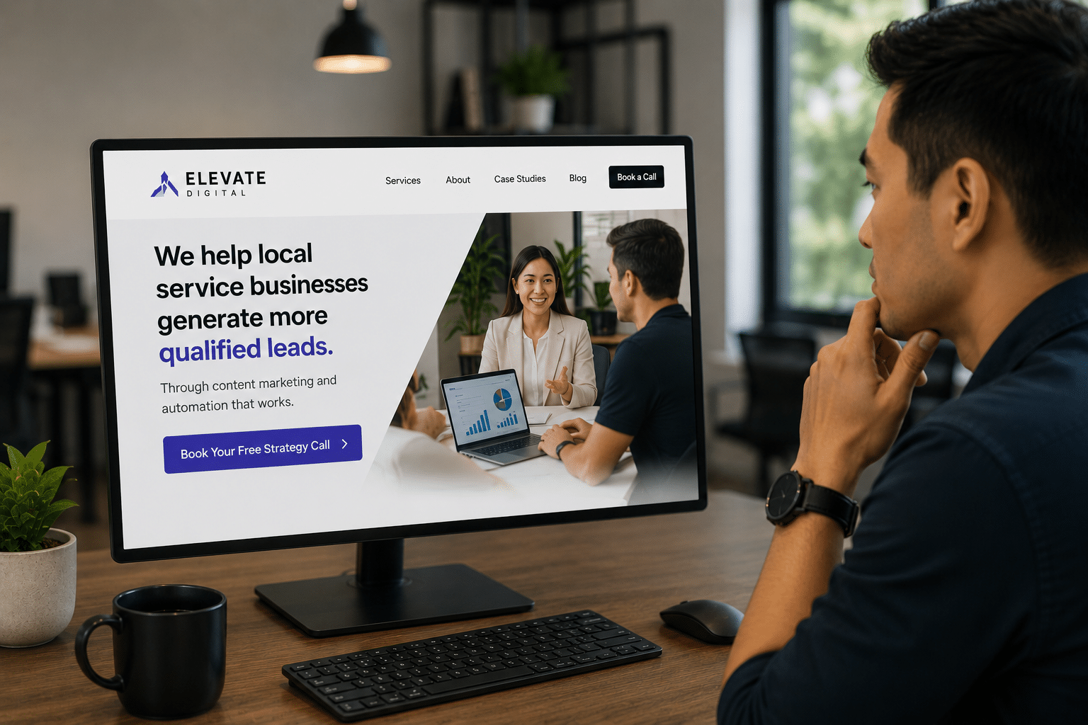 Man at a desk viewing website on a monitor, which features a headline about generating qualified leads.