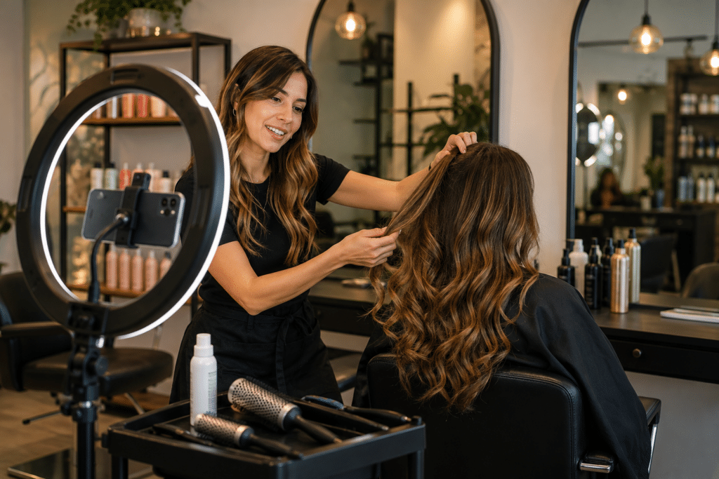 salon owner creating a piece of content for promotion