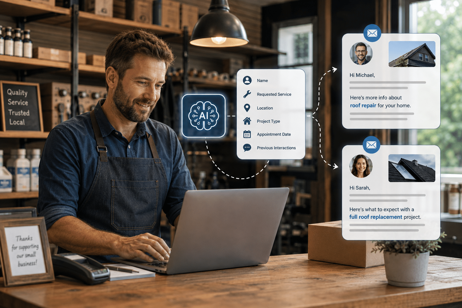Shopkeeper using a laptop with AI-powered dashboard showing client messages and project details in a hardware store setting