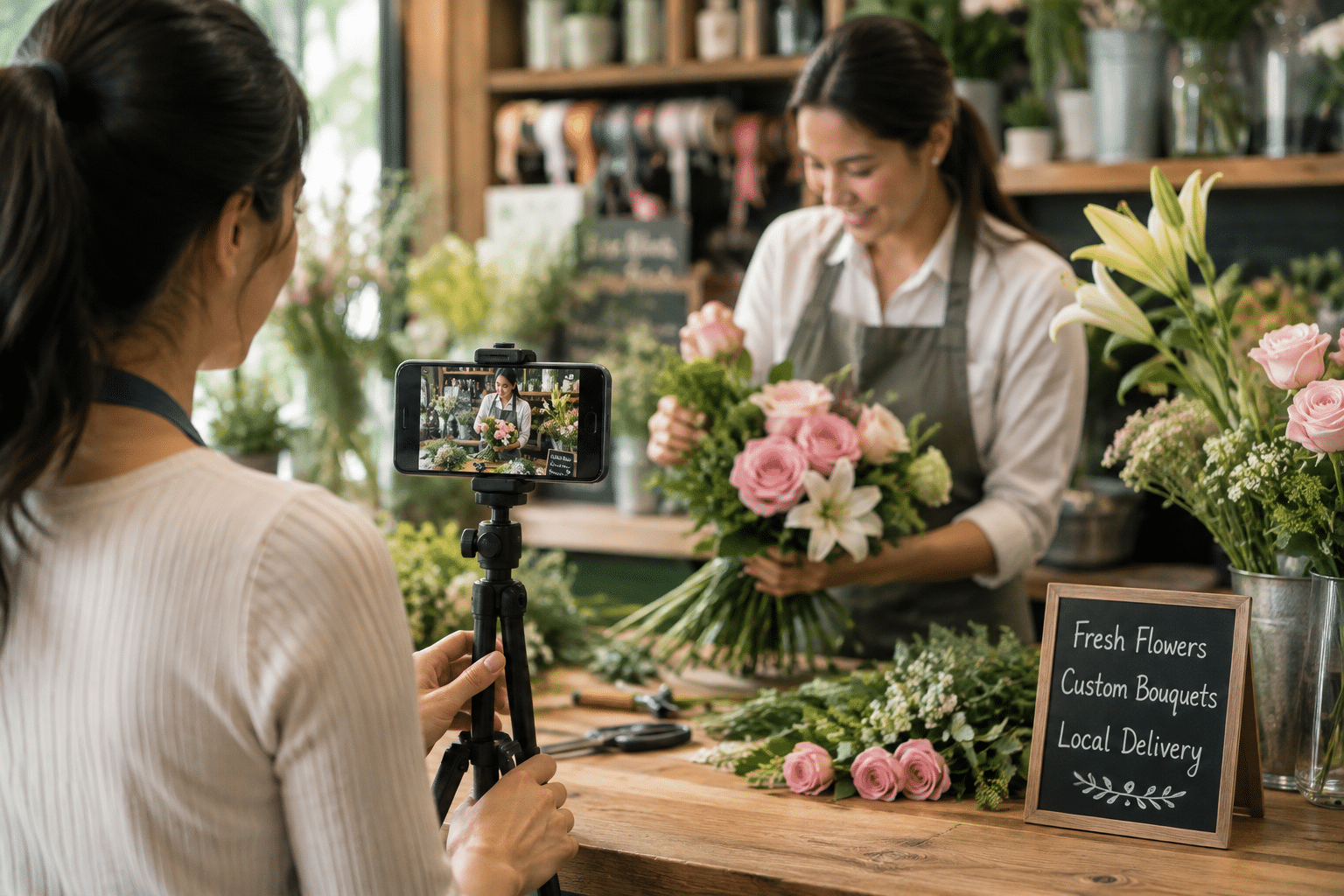 Woman recording a video while arranging flowers.
