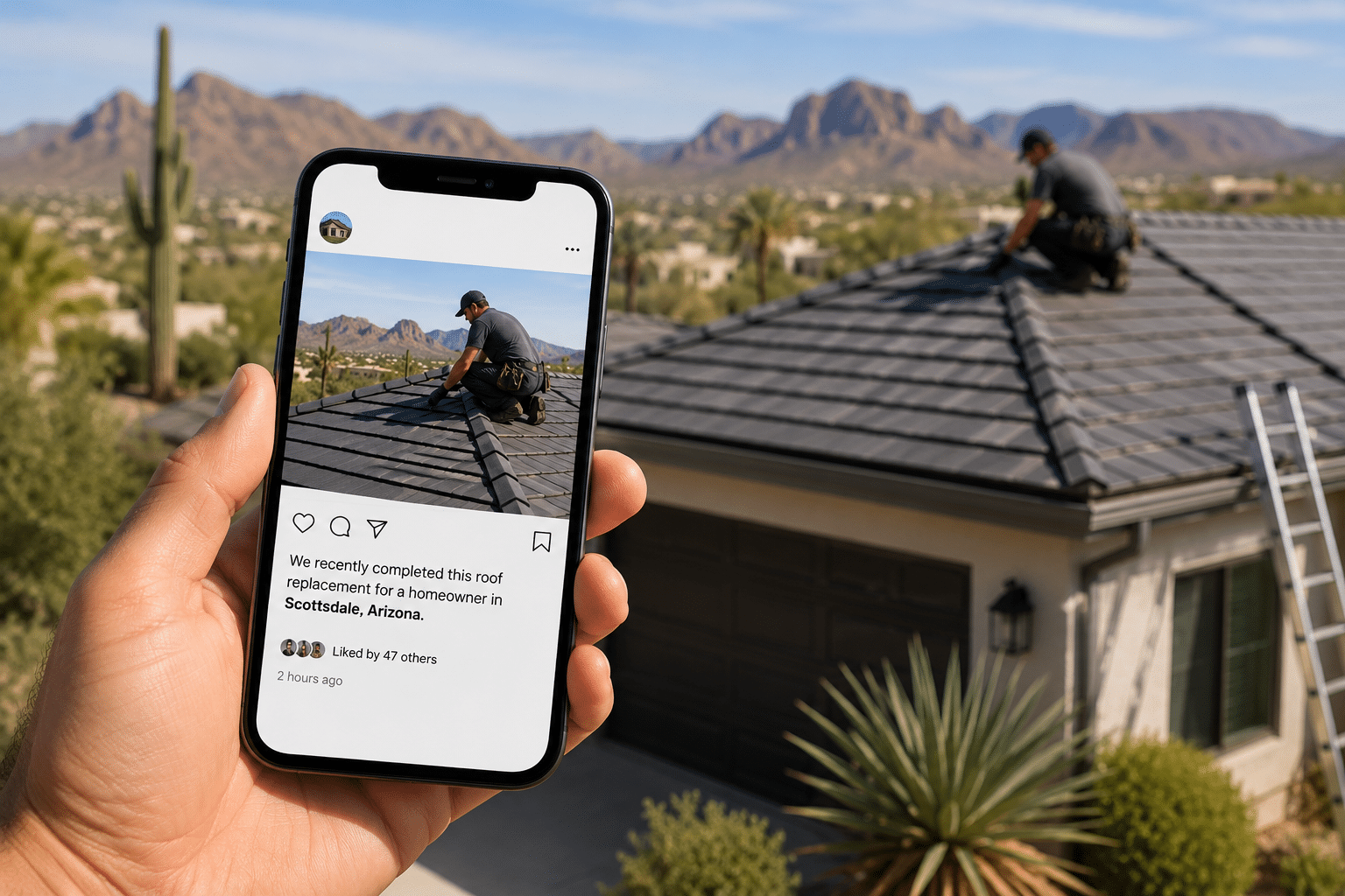 Hand holding a smartphone displaying an Instagram-style post of a roofer working on a tile roof in Scottsdale, Arizona, with mountains in the background.