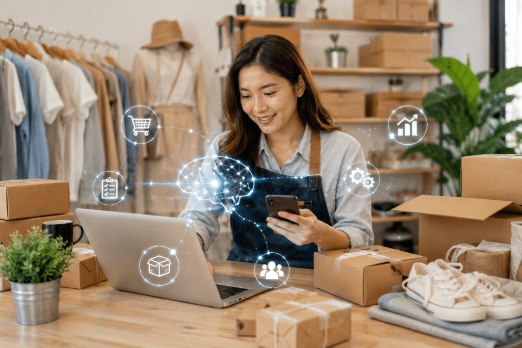 Smiling woman in a packing area uses a laptop and smartphone with floating e‑commerce icons around her