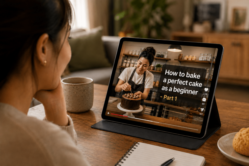 Person watches a tablet displaying a cake-decorating tutorial titled 'How to bake a perfect cake as a beginner - Part 1'