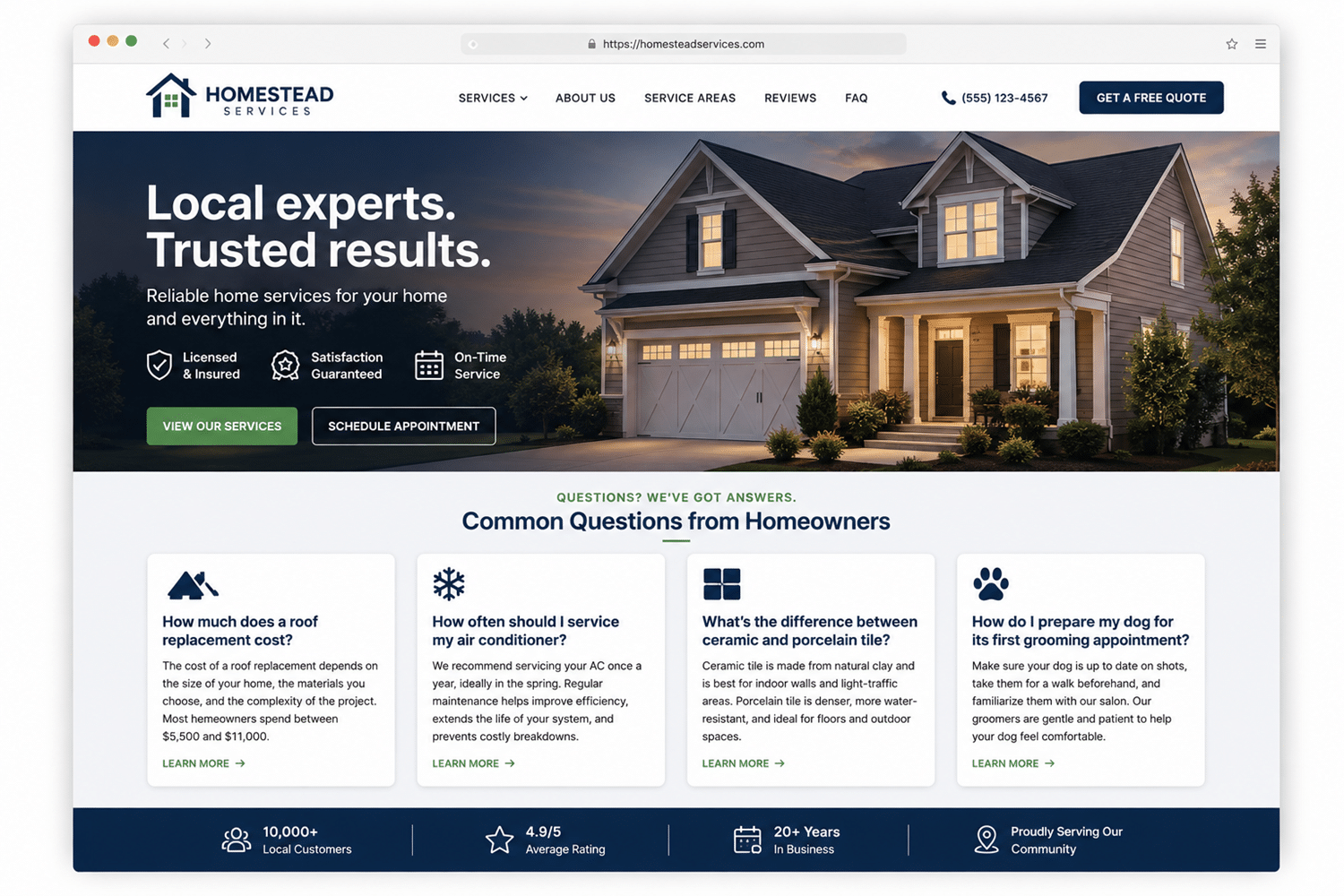 Hero banner of Homestead Services: a large suburban house at dusk with the headline'Local experts. Trusted results.' and primary CTAs 'View Our Services' and 'Schedule Appointment.'