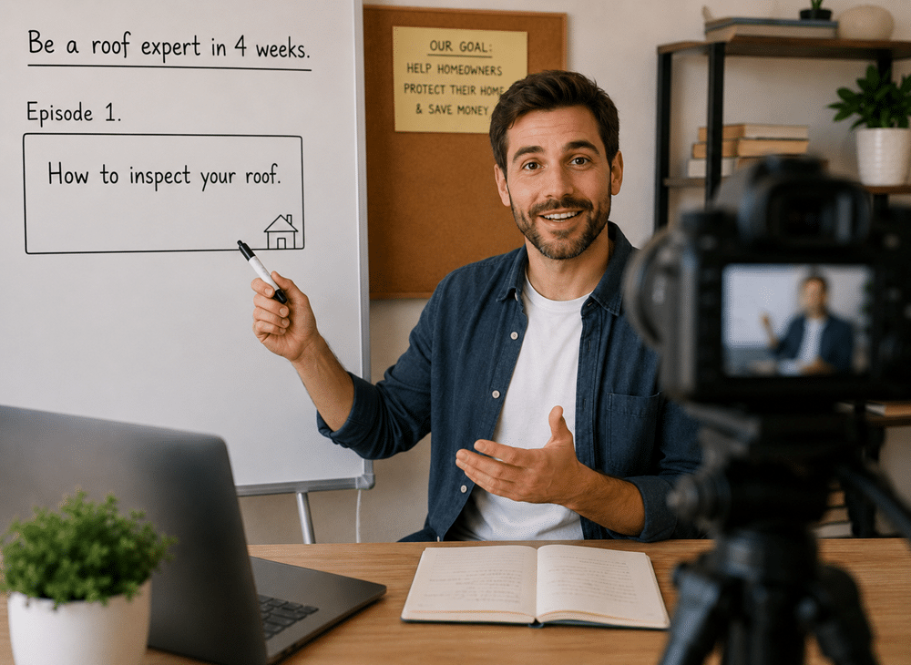 Man records a video tutorial about inspecting your roof while pointing to a whiteboard that reads 'How to inspect your roof'.